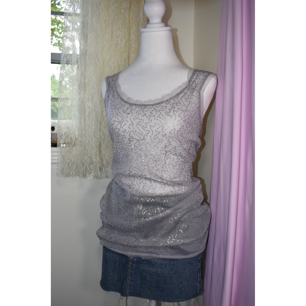 Grey Sheer Sequin Mesh Tank Top‎ L Sleeveless Silver Sparkle